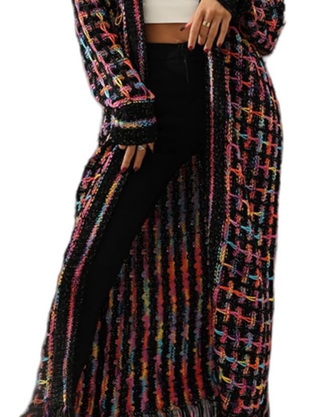 Long Black Multicolor Knit Cardigan Sweater